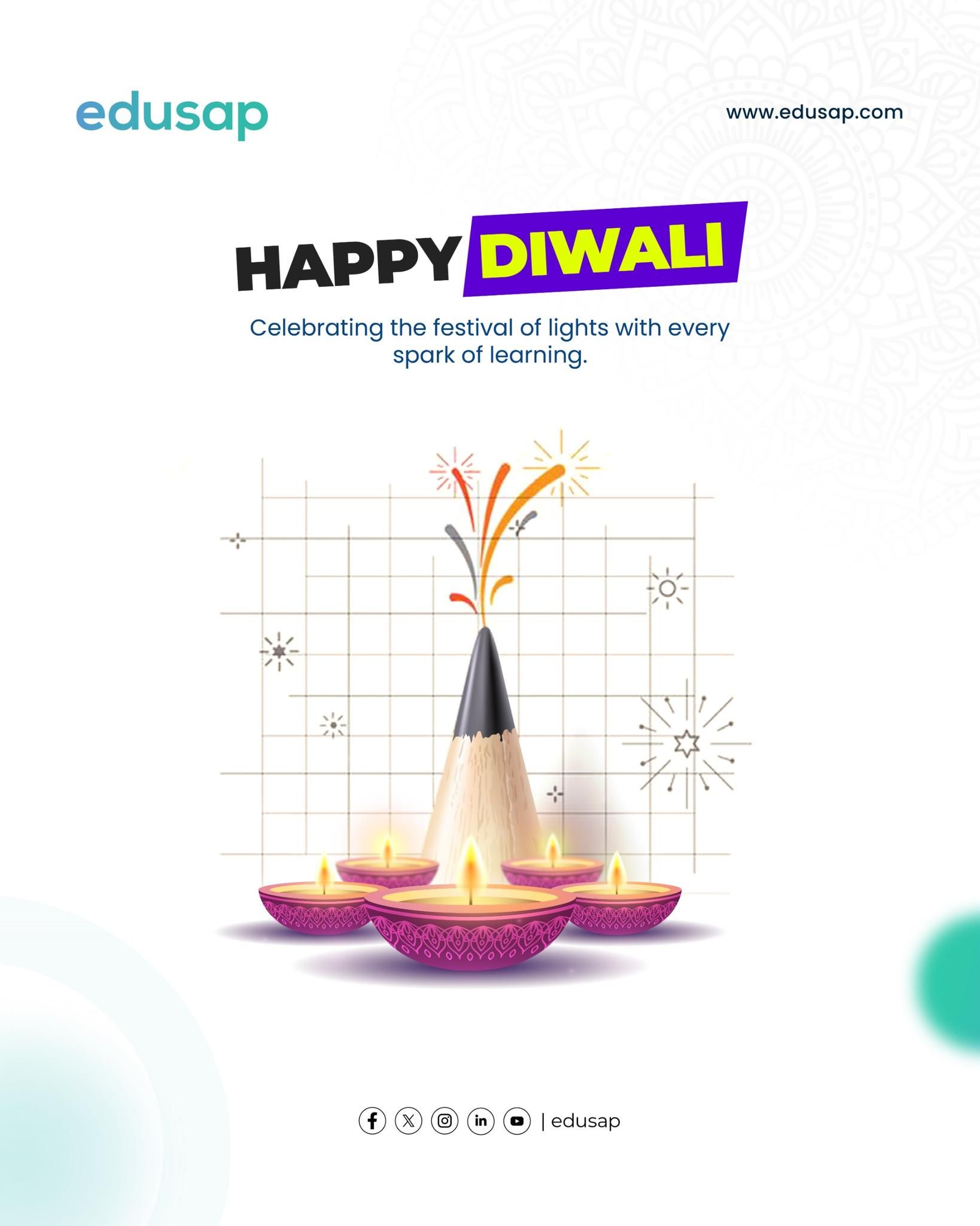 Diwali Instagram post: Sharpened pencil tip bursting like a firecracker, with purple diyas in front