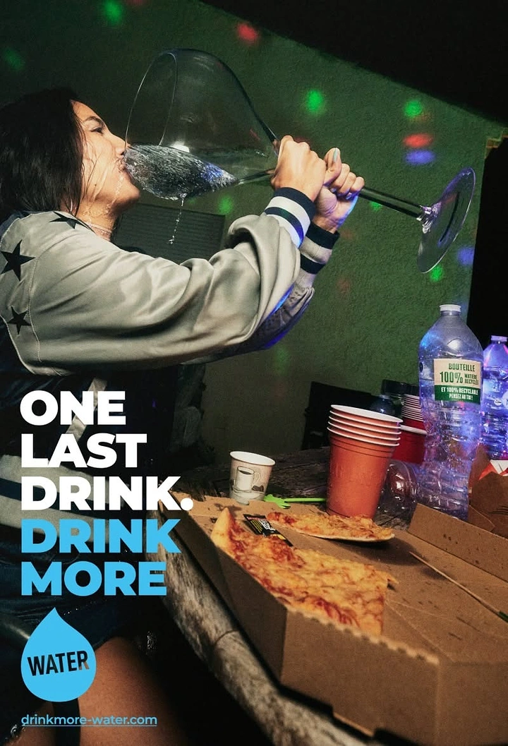 Packaged Drinking Water creative ad: Party setting makes witty drink-more connection
