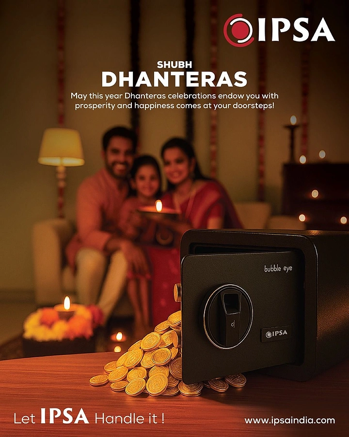 Dhanteras creative ad: Black digital safe spilling gold coins, family behind