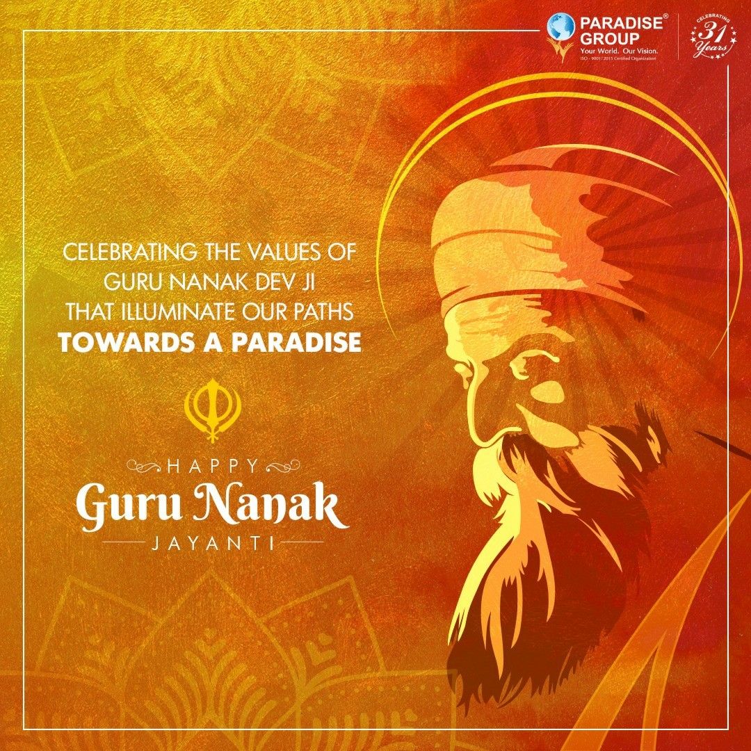 Stylised golden-orange silhouette portrait of Guru Nanak with halo
