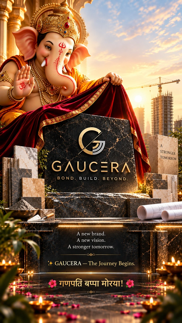 Ganesh Chaturthi creative ad: Ganesha unveiling a black marble slab with brand logo