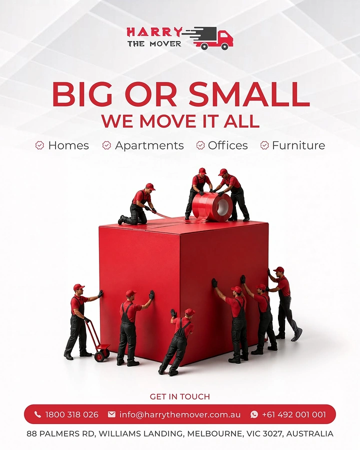Movers & Packers creative ad: Tiny movers lifting giant red cube