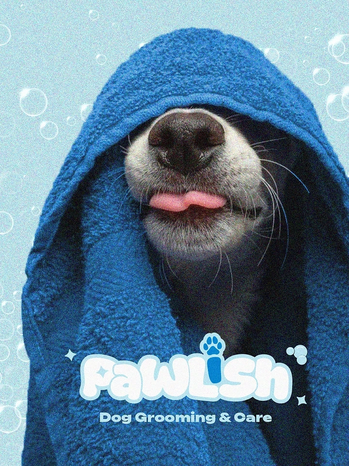 Pet Grooming creative ad: Dog in bath-towel hood, bubbles