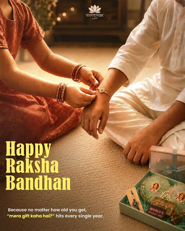 Raksha Bandhan creative ad: Sister tying rakhi on brother's wrist, gift hamper beside
