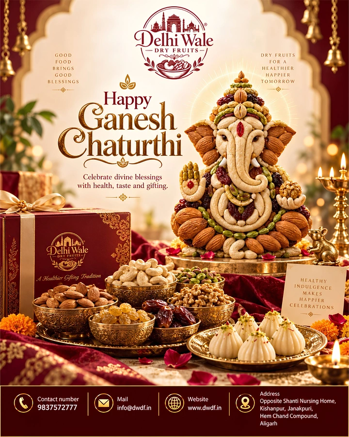 Ganesh Chaturthi creative ad: Ganesha idol made of dry fruits beside gift boxes and bowls of nuts
