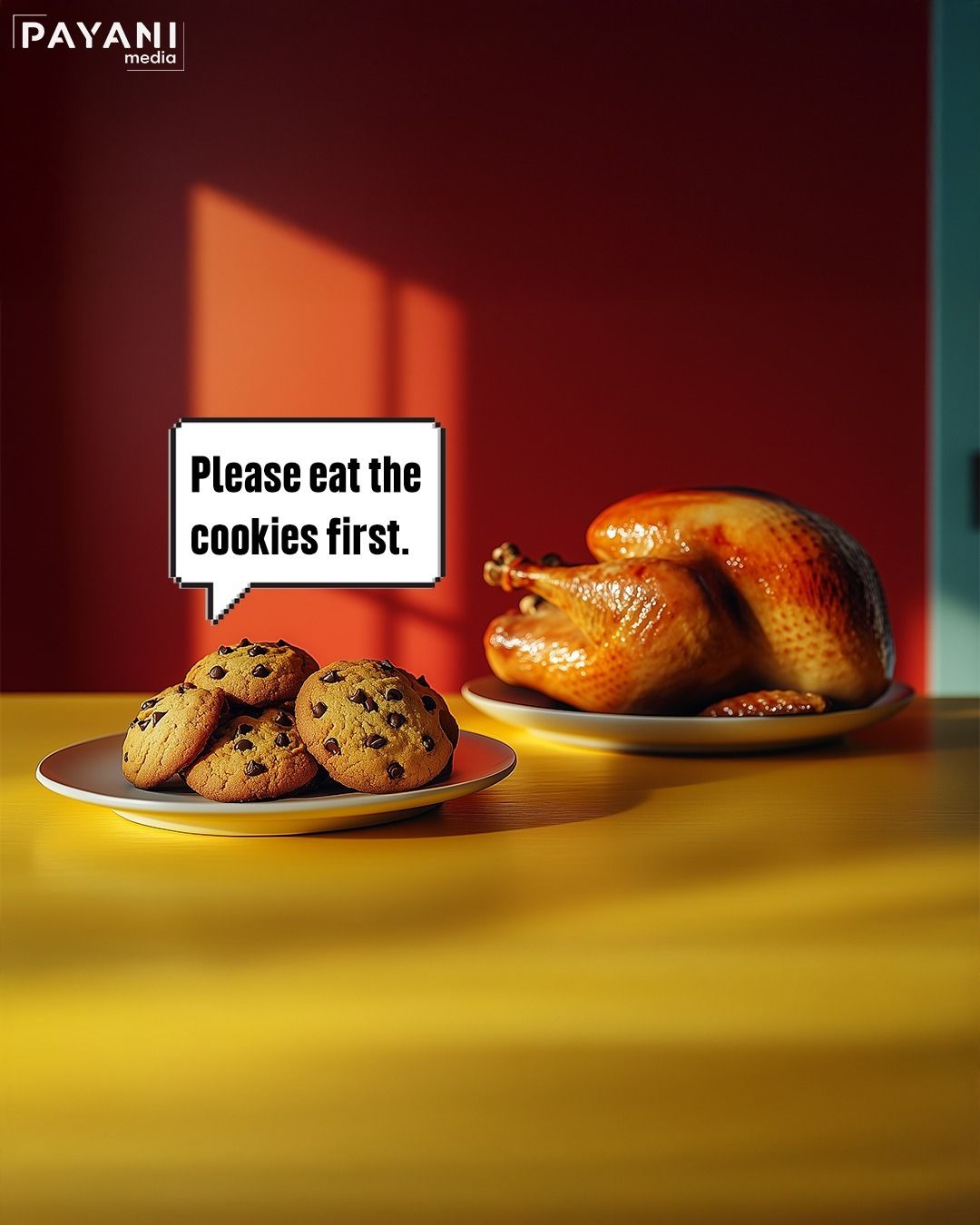 Roast turkey pleading via speech bubble beside cookies