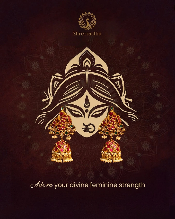 Navratri creative ad: Durga illustration wearing real jhumka earrings