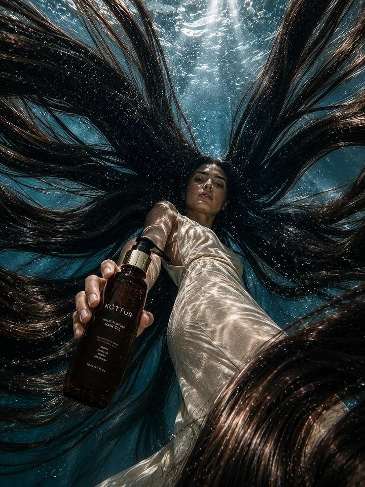 Hair Care Brands creative ad: Underwater woman with fanned-out hair holding amber hair oil bottle