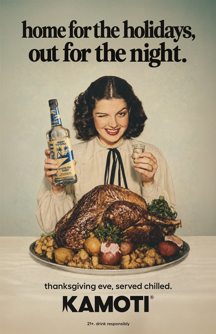 Thanksgiving creative ad: Retro winking hostess; 'Thanksgiving eve, served chilled'
