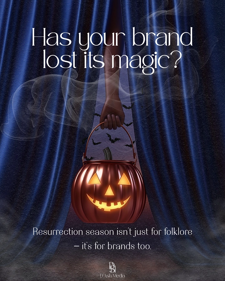 Halloween creative ad: Hand holding a glowing jack-o-lantern bucket between curtains