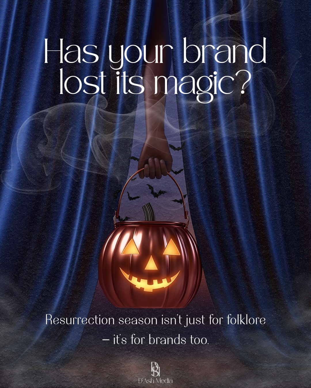 Hand holding a glowing jack-o-lantern bucket between curtains