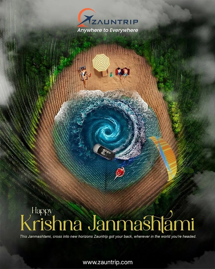 Janmashtami creative ad: Peacock feather eye formed from aerial beach and ocean swirl
