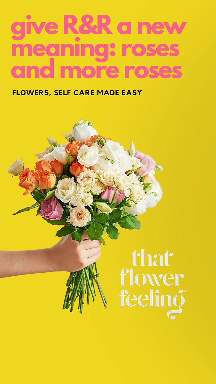 Florists creative ad: R&R pun: roses and more roses, bold yellow
