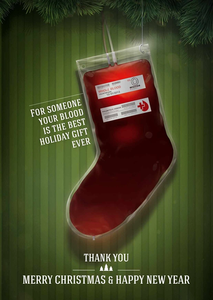 Christmas creative ad: Blood donation bag shaped like a Christmas stocking