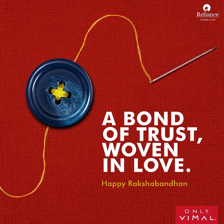 Raksha Bandhan creative ad: Blue button stitched with yellow thread, styled as a rakhi