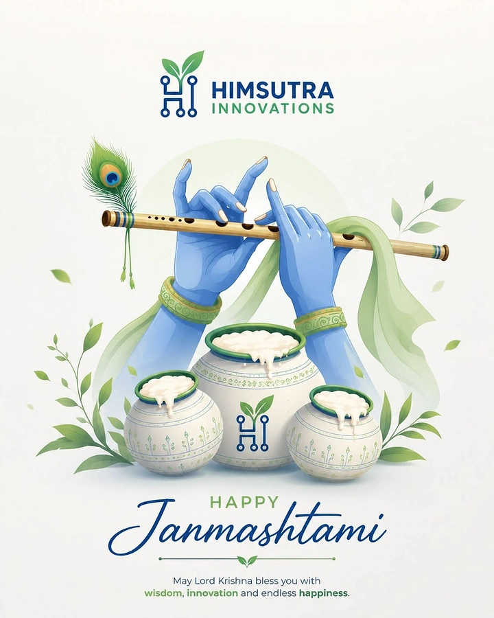 Janmashtami creative ad: Illustrated blue hands playing a flute above three butter pots