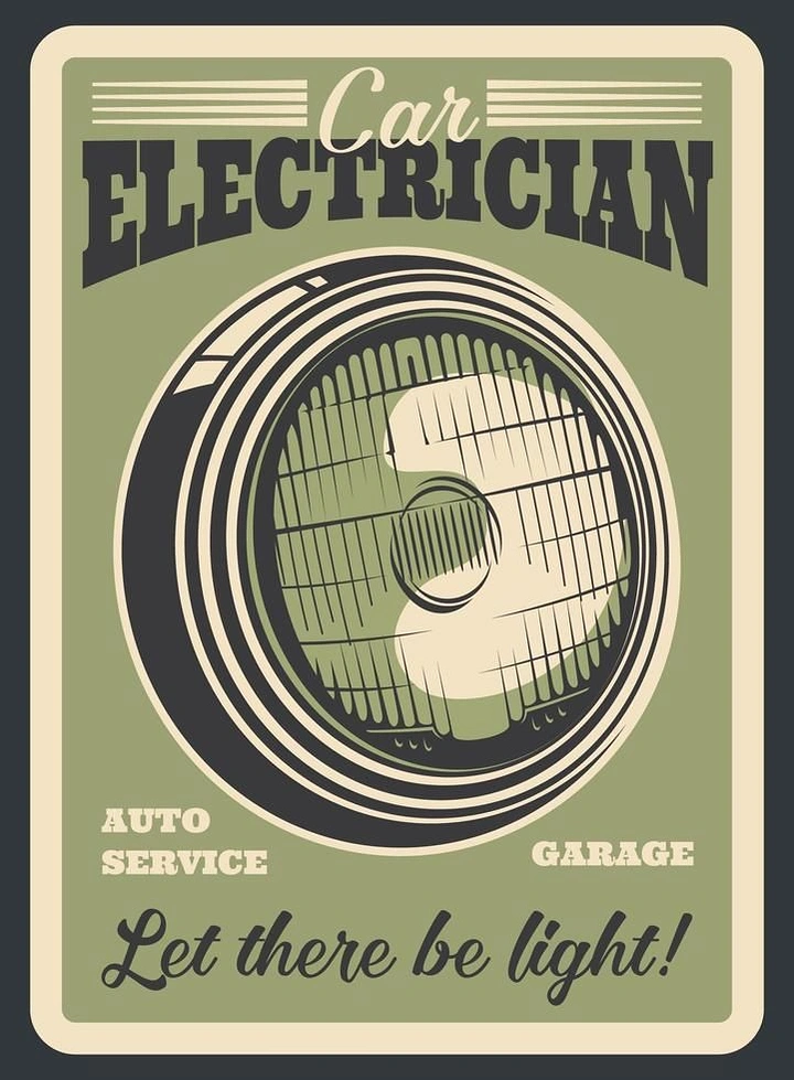 Electricians creative ad: Retro headlight poster, 'Let there be light'