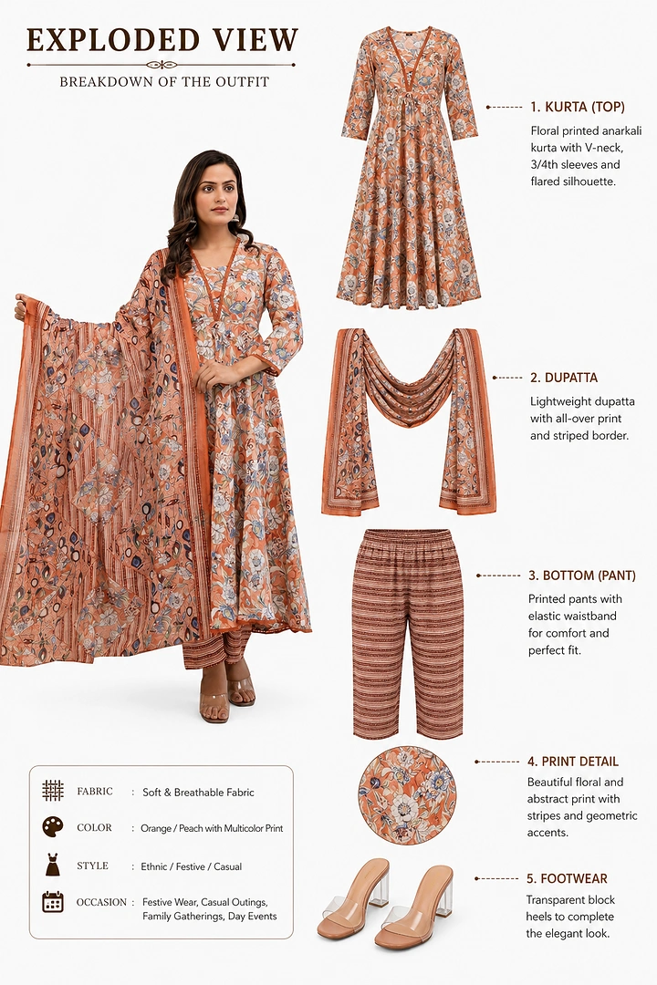 Ethnic Wear & Sarees creative ad: Exploded-view outfit breakdown, product-diagram idea