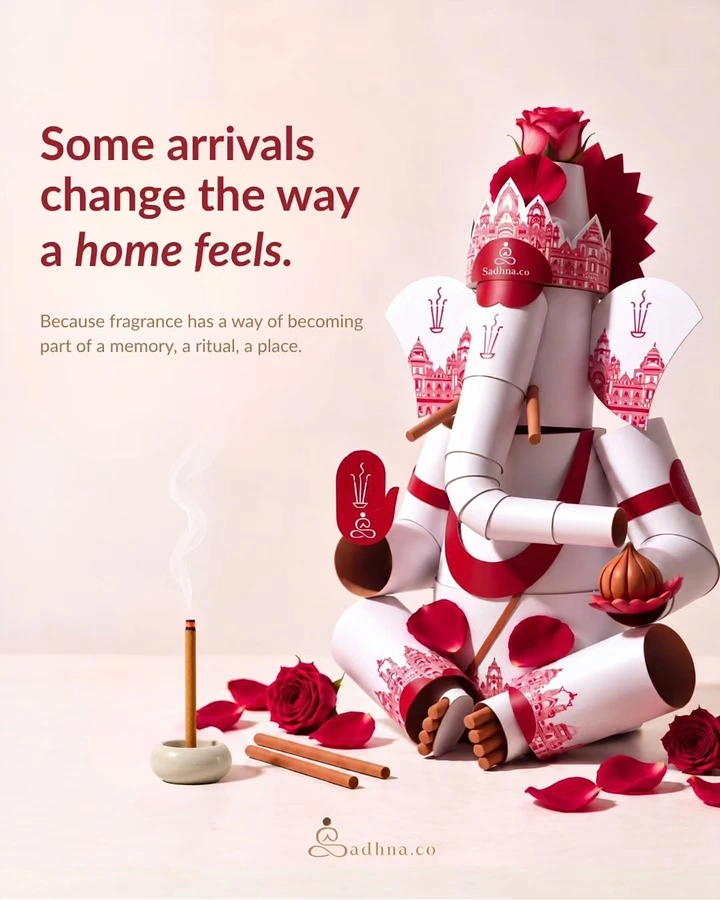 Ganesh Chaturthi creative ad: Seated handcrafted Ganesha surrounded by incense and roses