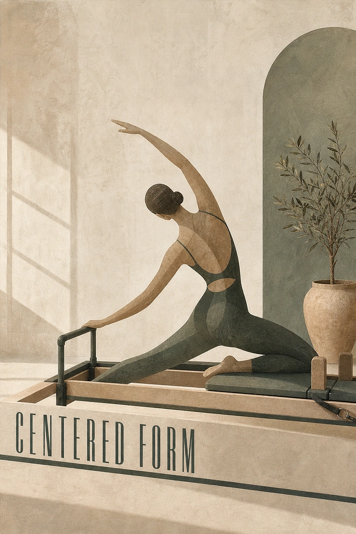 Gym & Fitness creative ad: Stylized woman performing a wide stretch on a pilates reformer