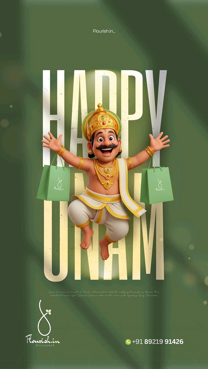 Onam creative ad: 3D cartoon King Mahabali leaping with branded shopping bags