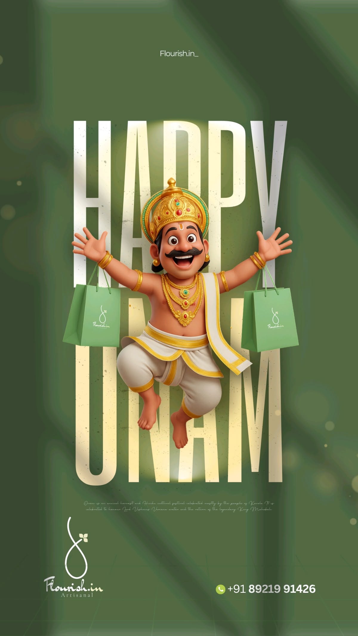3D cartoon King Mahabali leaping with branded shopping bags