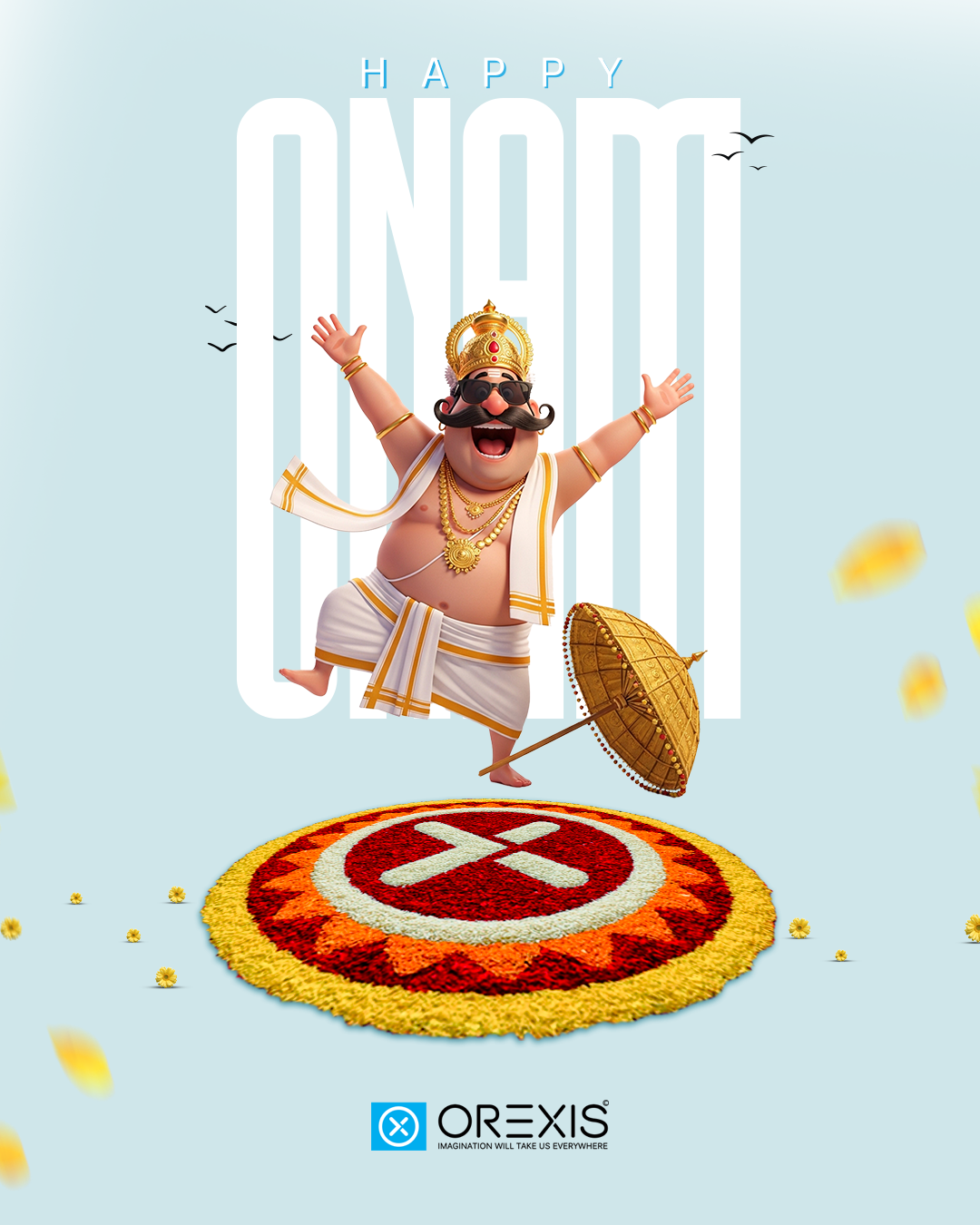 3D cartoon King Mahabali dancing over a pookalam