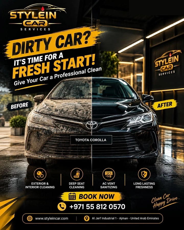 Car Wash & Detailing creative ad: Split before/after dirty-clean car reveal