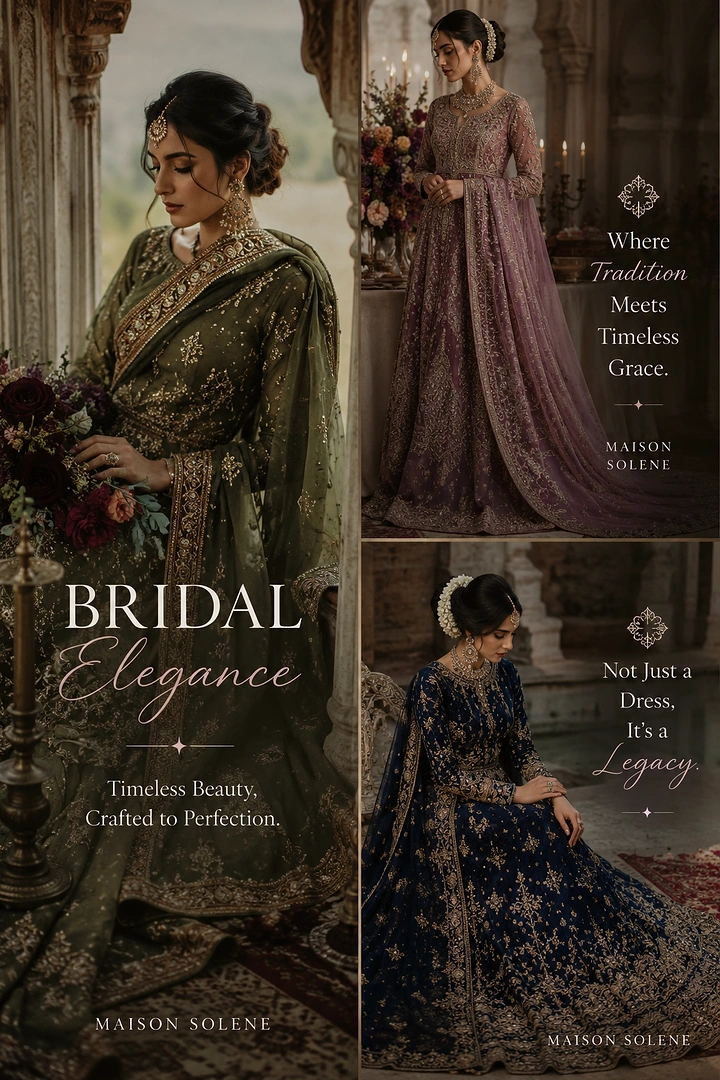 Bridal Wear & Wedding Dresses creative ad: Brides in richly embroidered olive, mauve and navy Indian bridal outfits