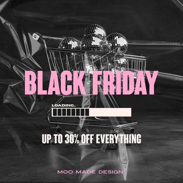 Black Friday creative ad: Shopping cart full of disco balls under plastic wrap