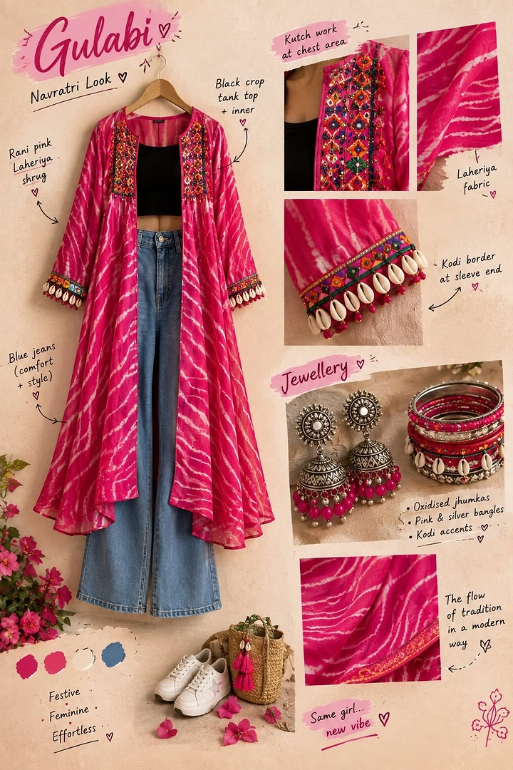 Navratri creative ad: Rani-pink laheriya shrug styled with a black crop top, jeans and festive jewellery