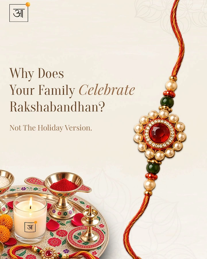 Raksha Bandhan creative ad: Ornate pearl-and-ruby rakhi beside a decorated pooja thali