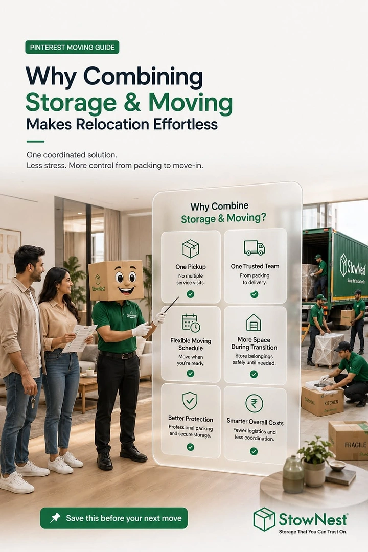 Movers & Packers creative ad: Cardboard-box-head mascot explains storage service