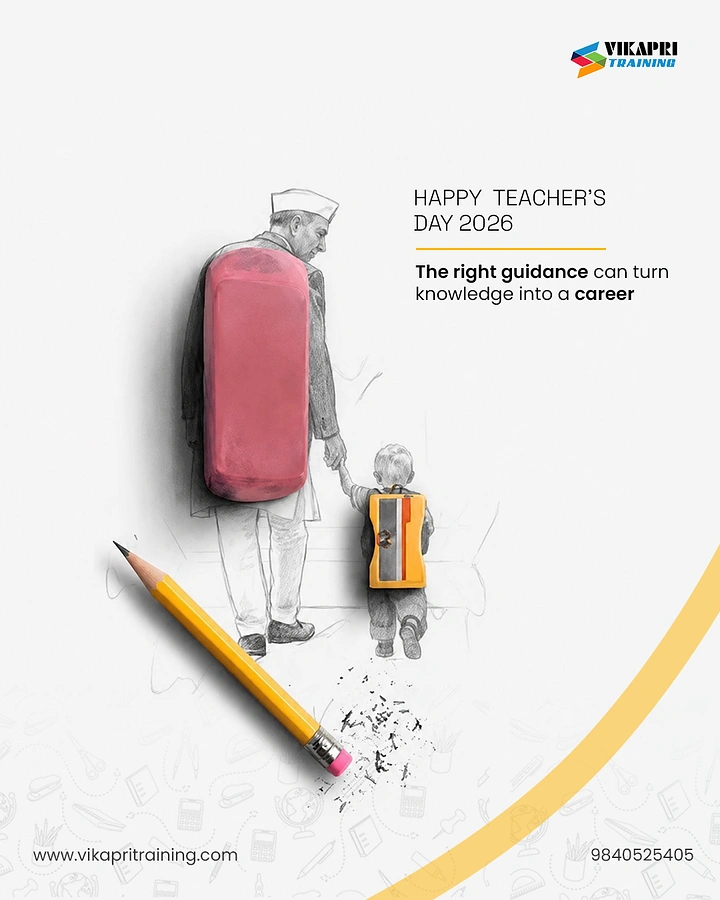 Teachers Day creative ad: Pencil sketch of elder leading child, with an eraser and a sharpener as backpacks