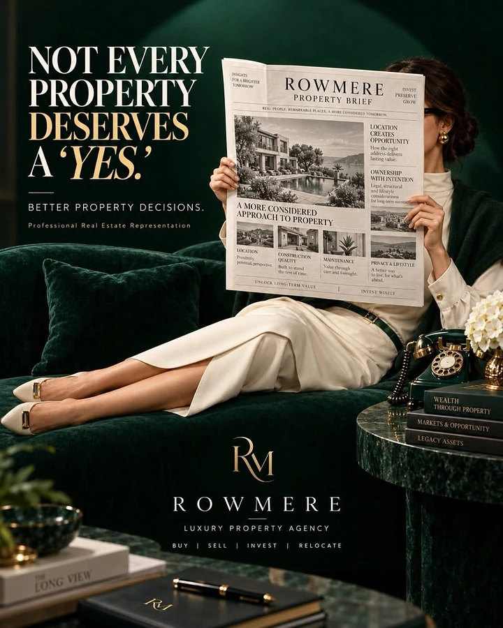 Real Estate creative ad: Elegant woman reading a property newspaper in a dark green luxury interior