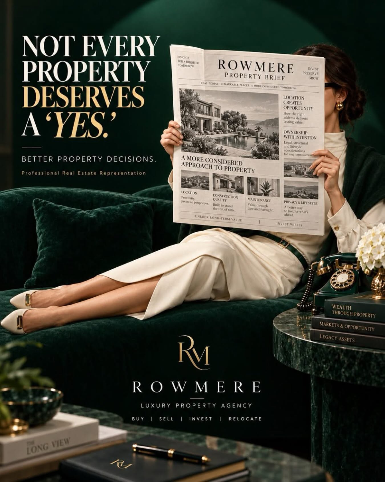 Poster: Elegant woman reading a property newspaper in a dark green luxury interior