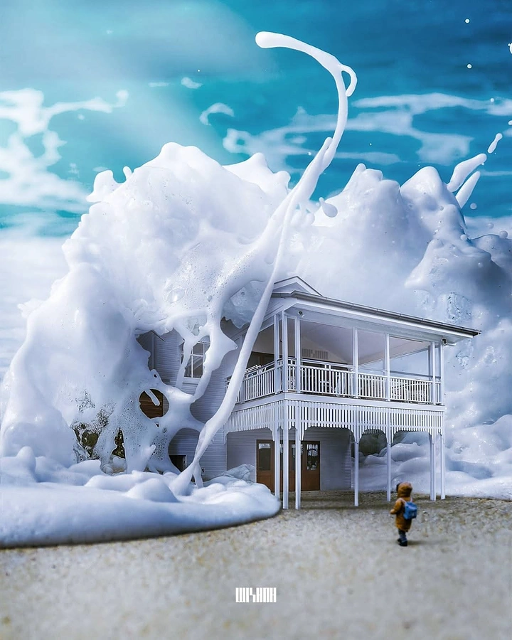 House Painters creative ad: White paint wave engulfing house as metaphor