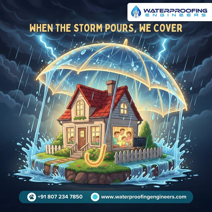 Waterproofing creative ad: Umbrella sheltering house is memorable metaphor