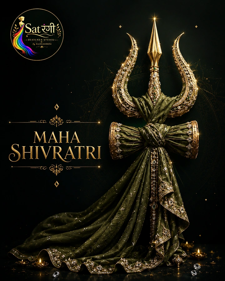 other-festival creative ad: Jewelled gold trishul and damru wrapped in a flowing olive embroidered saree