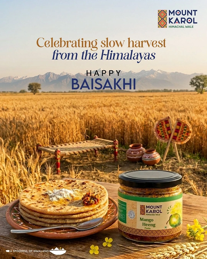 other-festival creative ad: Pickle jar beside stacked parathas on a wooden table in a wheat field