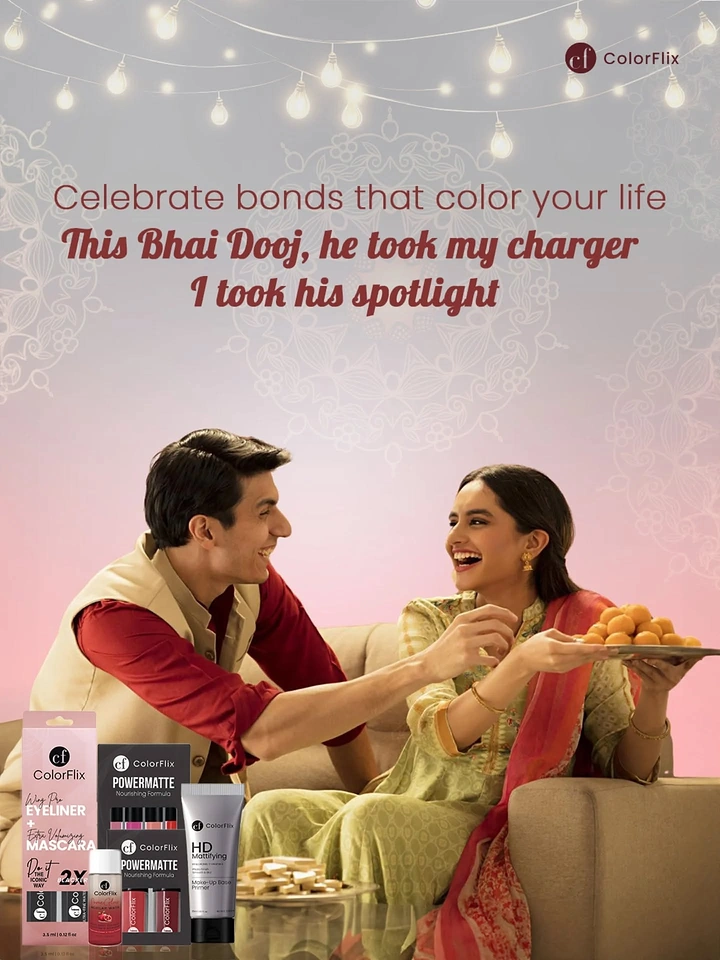 Bhai Dooj creative ad: Laughing brother and sister sharing sweets in a warmly lit living room