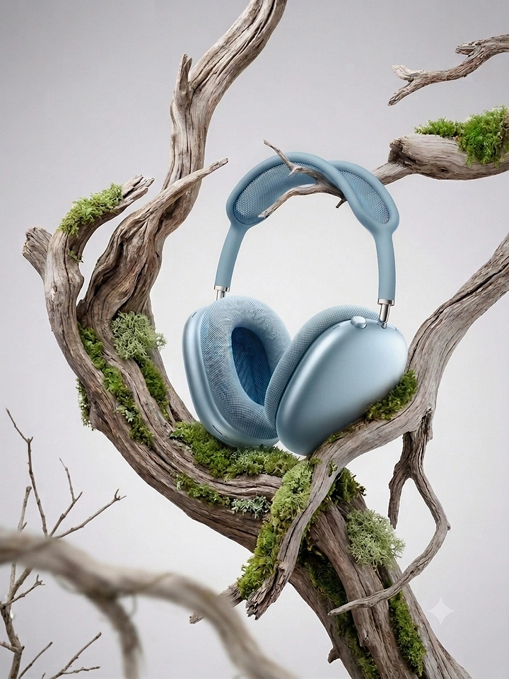 Headphones & Speakers creative ad: Headphones nested inside sculptural natural branch