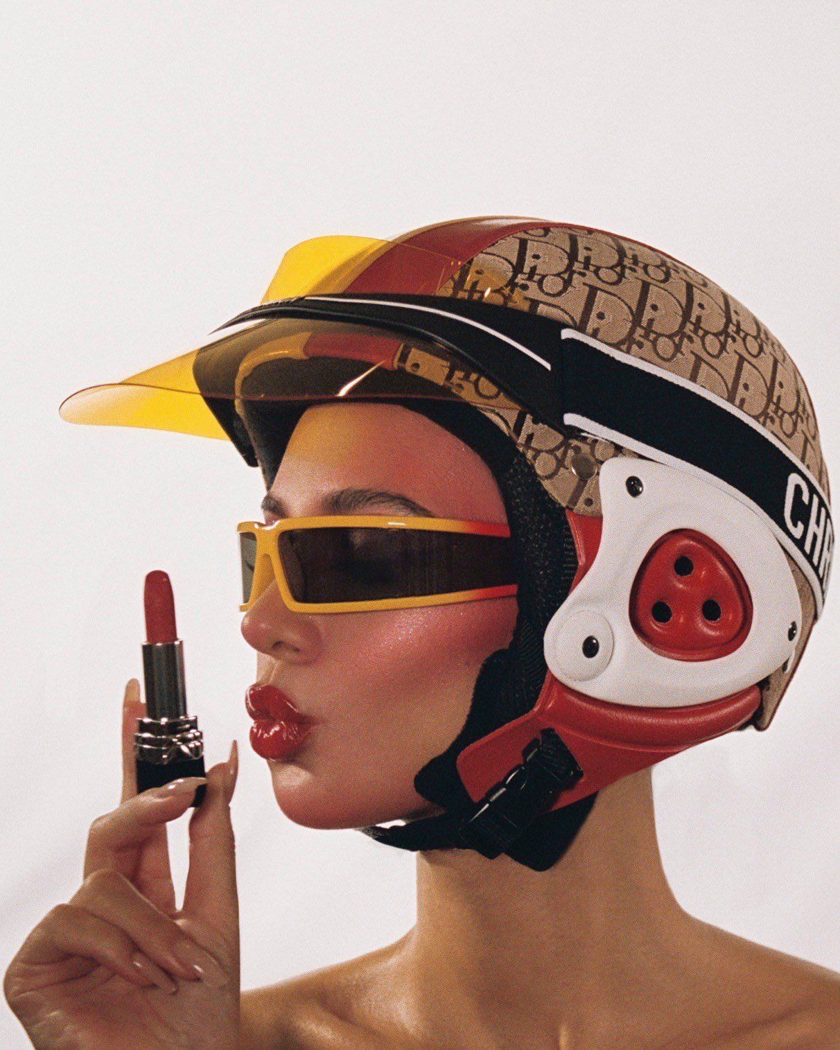 Instagram post: Unexpected beauty-fashion helmet pairing