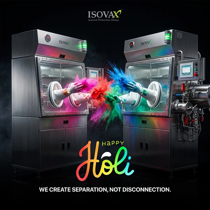 Holi creative ad: Two steel glovebox isolators facing each other, gloved arms throwing colour powder at each other