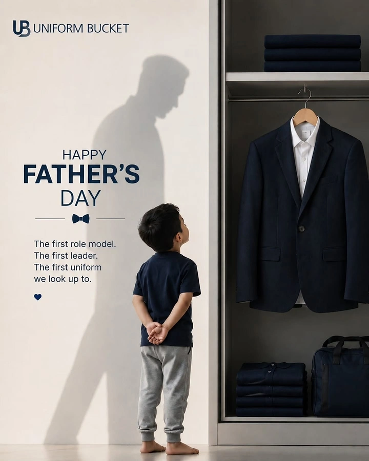Father's Day creative ad: Boy looking up at a hanging navy blazer, with a father's shadow on the wall