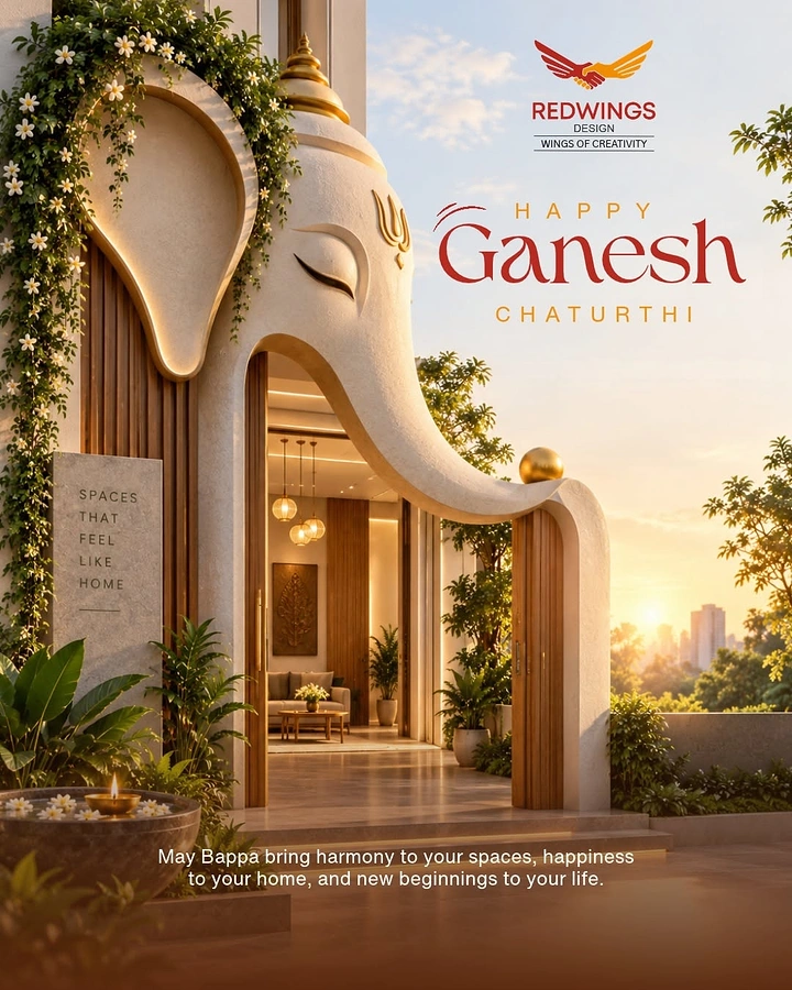 Ganesh Chaturthi creative ad: Architectural entrance sculpted as Ganesha head and trunk opening onto a luxury interior