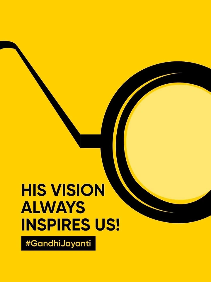 Gandhi Jayanti creative ad: Oversized cropped black round spectacle lens and temple arm on yellow