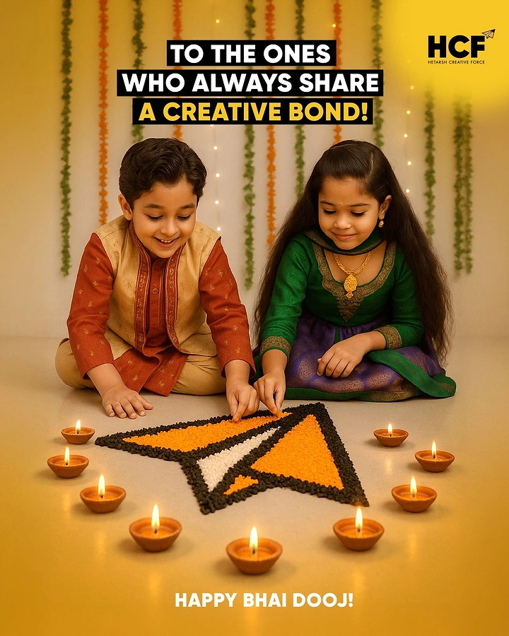Bhai Dooj creative ad: Brother and sister making a paper-plane rangoli ringed by diyas