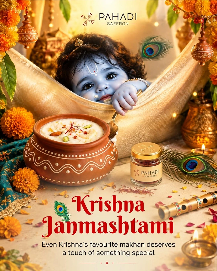 Janmashtami creative ad: Baby Krishna in a silk hammock beside a pot of saffron makhan and a product jar
