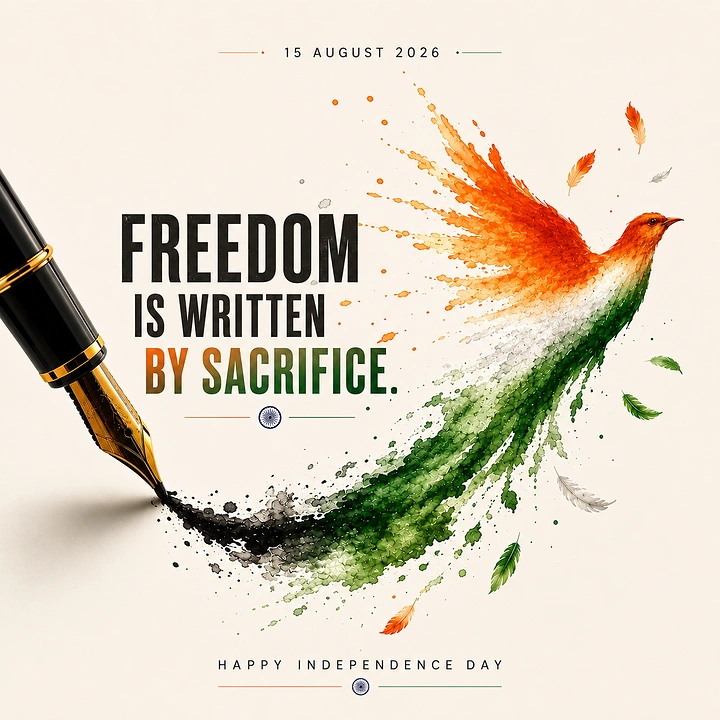 Independence Day creative ad: Fountain pen ink stroke turning into a tricolour bird in flight